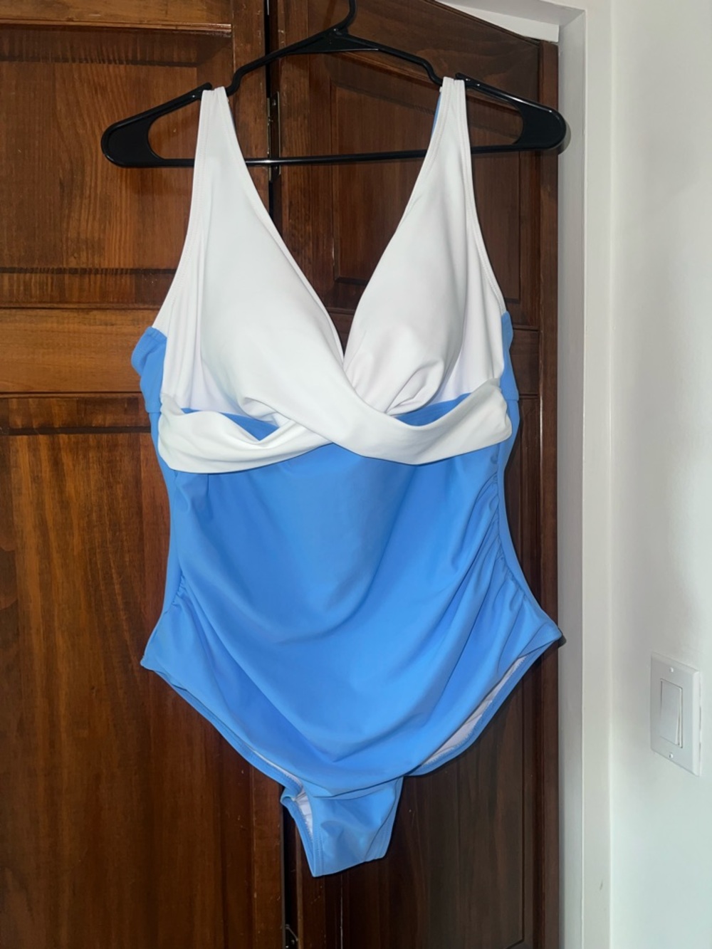 White and Sky Blue One-Piece Swimsuit Tummy Control